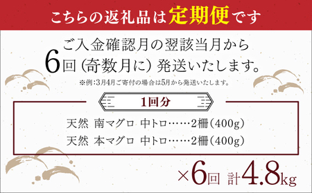 【６回定期便】天然本マグロ　天然南マグロ　中トロ　各２柵　奇数月にお届け _eb003