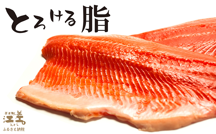 北海道産 サーモン お刺身用ブロック 300g（100g×3P）　日本海 かもめ島海面養殖　純国産 ブランドサーモン『江さしっ子 繁虎』　衝撃の口どけ　とろける脂　生食可　冷凍　小分け　個包装　トラウ