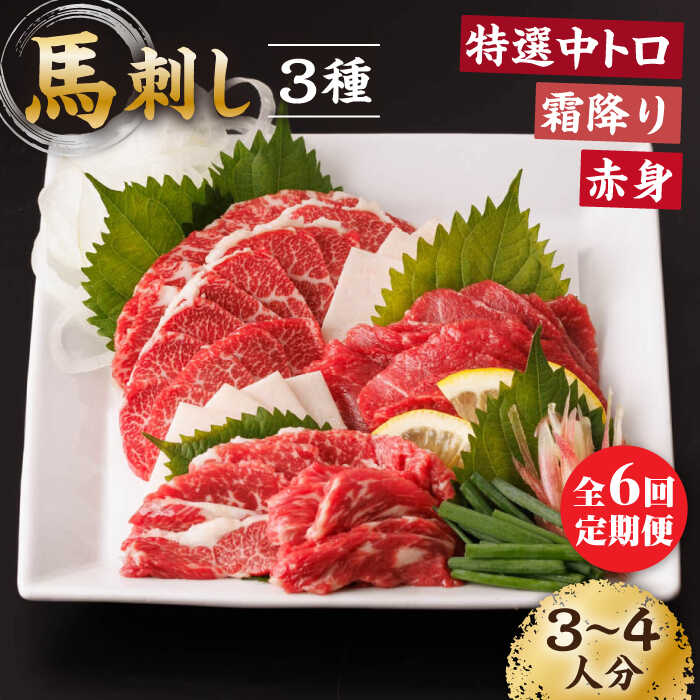 【ふるさと納税】【6回定期便】馬刺し バラエティセット 3種類 〜3・4人前〜 ＋タレ小 馬刺し 食べ比べ セット 特選霜降り馬刺し 霜降り馬刺し 馬刺し 馬肉 桜肉 馬 肉 霜降り 中トロ 赤身 タレ付き 冷凍 刺身 九州 熊本県 特産品 山鹿 送料無料【馬刺しの郷 民守】[ZBL076]