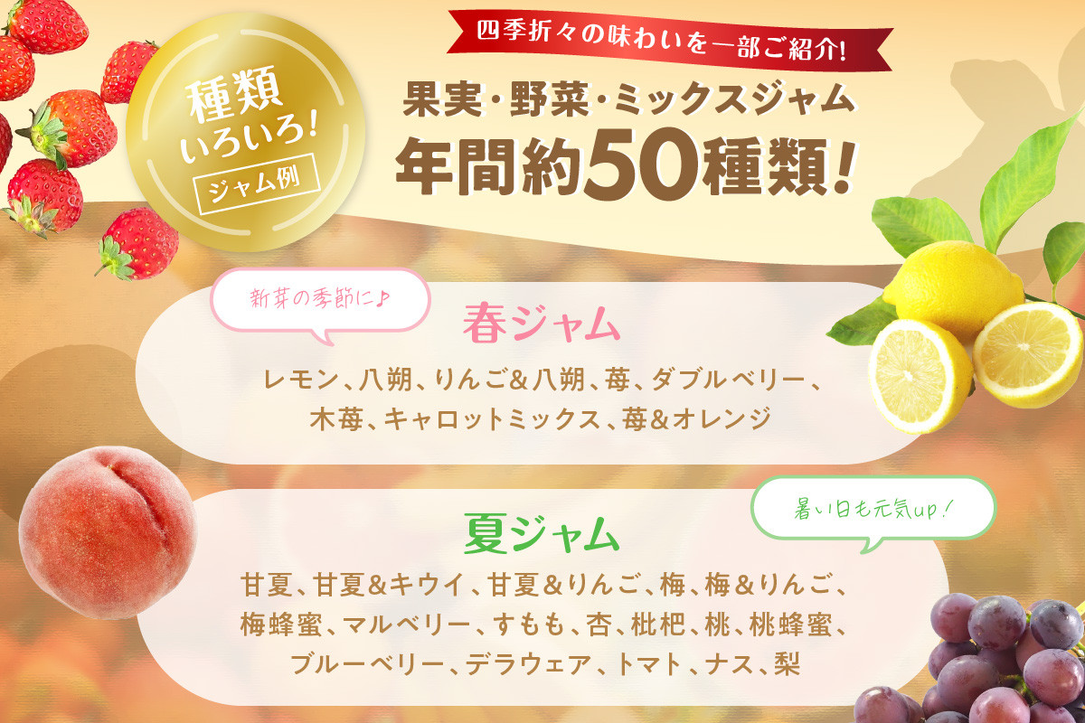 写真のジャムの種類は一例です。季節によって変わります。