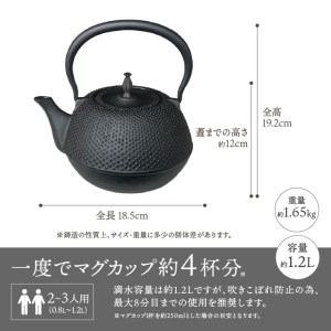 南部鉄器 鉄瓶 末広アラレ黒 1.2リットル 伝統工芸品 IH [BS047]