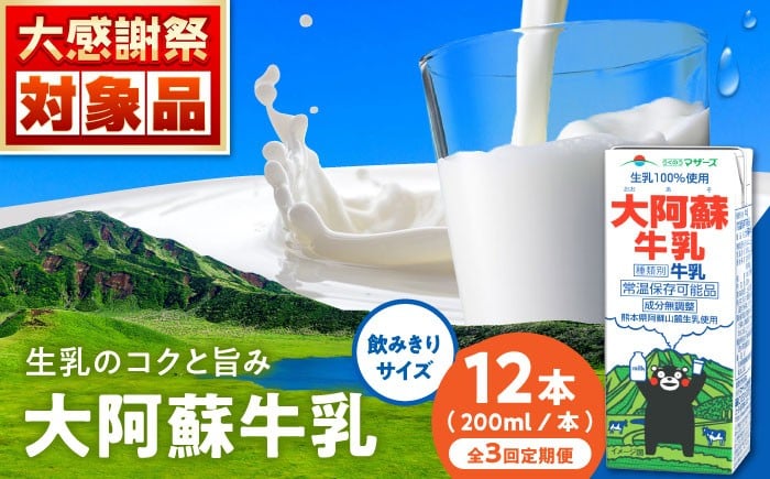 
            【全3回定期便】大阿蘇牛乳 ロングライフ くまモンラベル 200ml 12本（12本入り×1ケース） 2.4L  牛乳 生乳 成分無調整牛乳 ミルク カルシウム 牛乳 常温保存 長期保存 送料無料【合同会社 福福堂】 [AYAC062]
          
