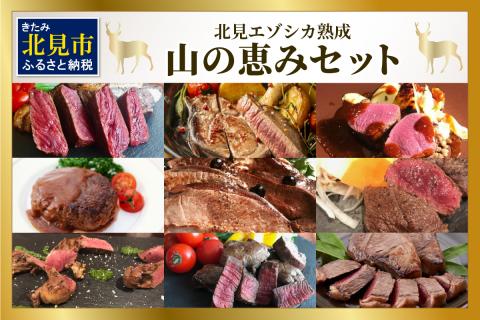 北見エゾシカ 熟成肉山の恵みセット ( 肉類 肉 国産 鹿肉 熟成 詰め合わせ ロース しんたま 内もも ステーキカット肉 ハバキカット ハツ ヒレ ステーキ用スライス )【025-0030】