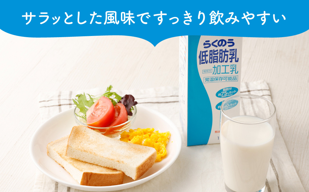 【12ヶ月定期便】らくのう低脂肪乳 計72L 1ケース（1000ml×6本）×12回 ミルク 牛乳 加工乳