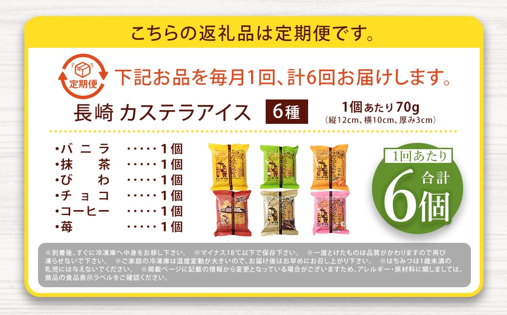 長崎カステラアイス6種6個（バニラ・抹茶・びわ・チョコ・コーヒー・苺）