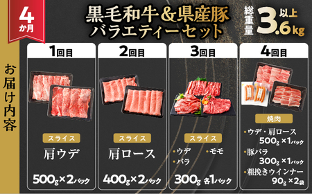 ≪4か月定期便≫黒毛和牛＆県産豚バラエティーセット(総重量3.6kg以上) 肉 牛 牛肉 おかず 国産_T030-069【人気 肉 黒毛和牛 定期便 ギフト 肉 黒毛和牛 定期便 食品 肉 黒毛和牛 