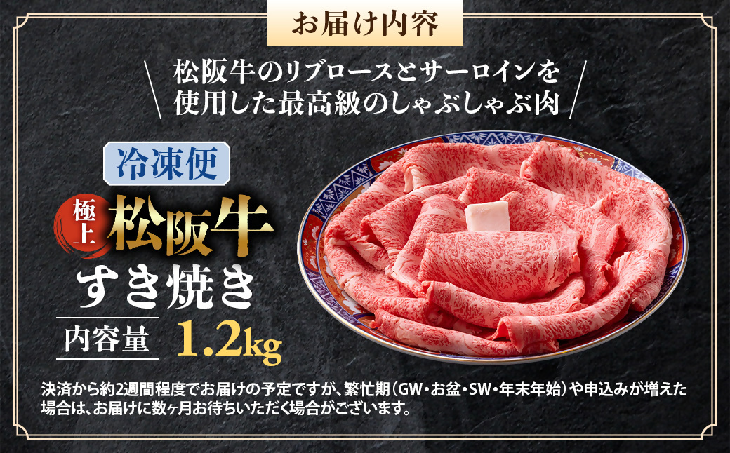 （冷凍）極上松阪牛 すき焼き肉1.2kg < 冷凍 > 年内配送可( 牛肉 ブランド牛 高級 和牛 国産牛 松阪牛 松坂牛 すき焼き リブロース サーロイン 高級部位 霜ふり　霜降りすき焼き 松阪牛 