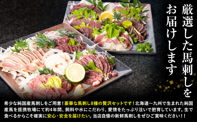 馬刺し 純国産 馬鹿旨盛り 専用醤油付き 8種 計1.3kg 有限会社九州食肉産業《30日以内に出荷予定(土日祝除く)》熊本県 産山村 純国産 馬刺し 国産 赤身 熊本肥育 馬刺 馬肉 詰め合わせ 贈
