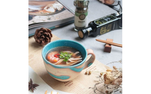 信楽焼 碧水掛け分けスープカップ（トルコ）