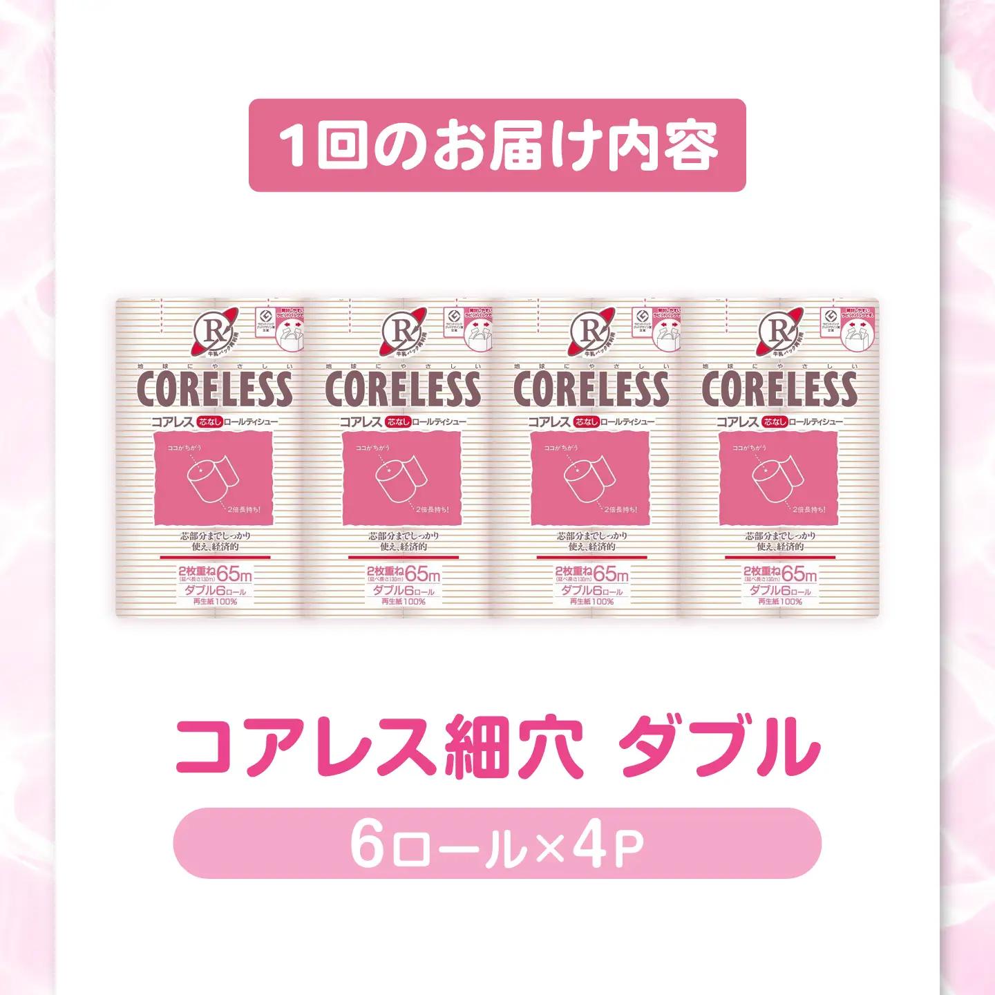 【全6回定期便】【細穴タイプ】 トイレットペーパー ダブル 24ロール 長巻き 65m (6ロール×4パック) 宅配 コアレス [VAA064]