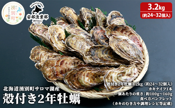 北海道 湧別町 サロマ湖産 殻付き 2年牡蠣 3.2kg(約24～32個入) カキ 海鮮 魚介 国産 貝付き 生食 焼き牡蠣 蒸し牡蠣 冷蔵 産地直送 オホーツク 魚貝類 生牡蠣 かき