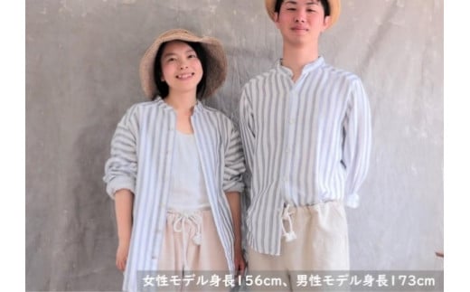スタンドカラー オーガニックコットンダブルガーゼ・ユニセックスシャツ　Mサイズ／太いストライプ