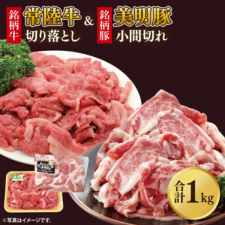【ふるさと納税】美明豚小間切れ＆常陸牛切り落とし 計1kg(各約500g×1)｜肉 お肉 牛肉 肉類 牛肉 常陸牛 美明豚 切り落とし 小間切れ セット アソート ブランド 使い切り 少量 茨城県 行方市(DH-32)
