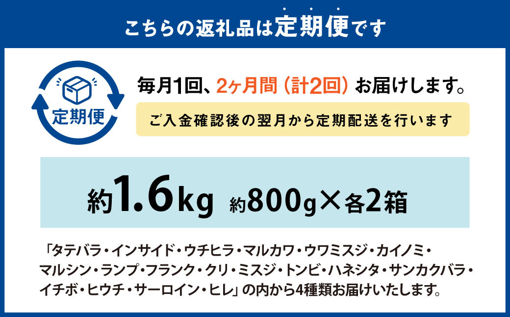 【2ヶ月定期便】おおいた和牛 希少部位4種焼肉セット 約1.6kg（約800g×2箱）×2回 計約3.2kg