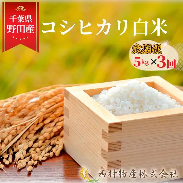【3カ月連続定期便】野田産コシヒカリ白米5kg×3回 ／ 定期 こしひかり ご飯 ガツンと強いお米の香り 旨み 5㎏ 千葉県 No.365