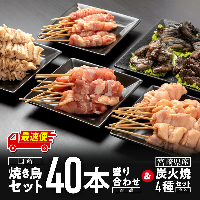 【ふるさと納税】【2週間以内に発送予定】焼き鳥セット4種(40本)盛り合わせ＆宮崎県産炭火焼4種セット 鶏肉 肉 お肉 鶏 焼き鳥 焼き鳥セット 炭火焼き セット 詰め合わせ 食べ比べ 小分け パック 冷凍 ストック おかず お惣菜 おつまみ グルメ 取り寄せ 宮崎市 宮崎 ふるさと