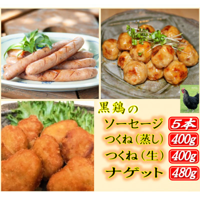 
黒鶏のソーセージ5本、つくね(蒸し)400g、つくね(生)400g、ナゲット480gセット【1503077】
