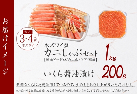 【年内配送 12月10日まで受付】3588. カニ 蟹 ズワイ蟹しゃぶ1kg いくら醤油 200g 生食 3～4人前 生ズワイガニ カニしゃぶ かにしゃぶ ズワイ蟹 ずわい蟹肉 ずわいがに カット済 