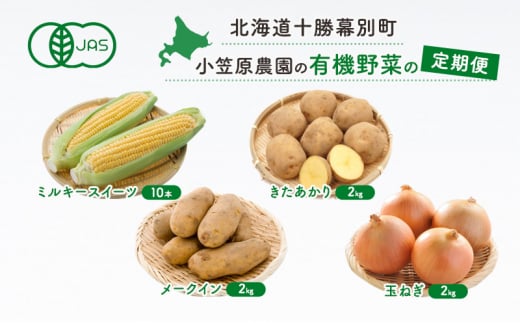 小笠原農園の有機野菜の定期便 夏とうもろこし「 ミルキースイーツ 」10本・秋じゃがいも2種玉ねぎ(きたあかり2kg・メークイン2kg・玉ねぎ2kg)2025年8月発送開始 野菜 とうきび 芋 じゃがいも たまねぎ 北海道 幕別町 [№5749-1411]