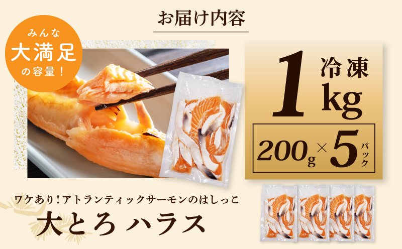 【総量1kg】大とろハラス 200g×5P アトランティックサーモン【小分け 鮭ハラス 腹ヒレ肉 昆布塩加工 はしっこ 訳あり 鮭 さけ シャケ しゃけ】 005A666