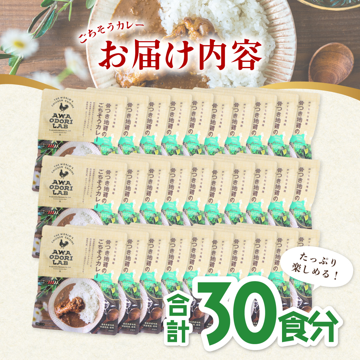 日本一地鶏 阿波尾鶏　骨つき地鶏のごちそうカレー 30人前セット カレー レトルト 阿波尾鶏 30食入り 阿波尾鶏のごちそうカレー 徳島 地鶏 あわおどり