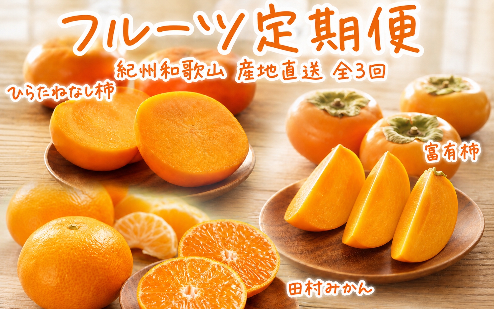 【全3回定期便】秋の味覚 果物定期便　柿・みかん　旬のフルーツを毎月お届け♪ひらたねなし柿・富有柿・田村みかん【tkb130】