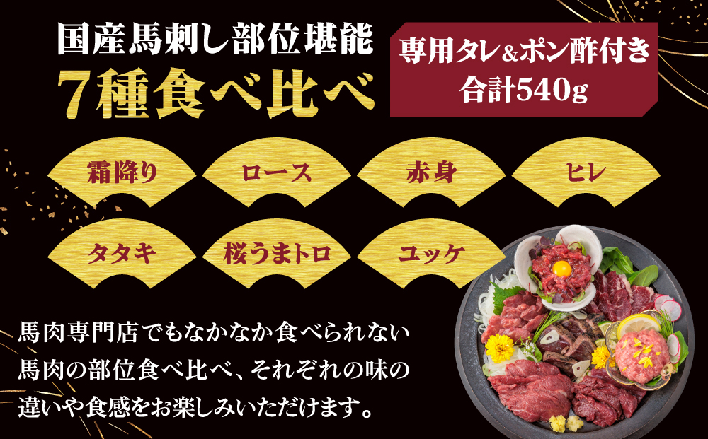 【千興ファーム】国産 部位堪能 7種馬刺し食べ比べブロック 計540g 霜降りロース 赤身 ヒレ タタキ 桜うまトロ ユッケ 専用タレ ポン酢付き 小分け 真空パック 直送 熊本 阿蘇市