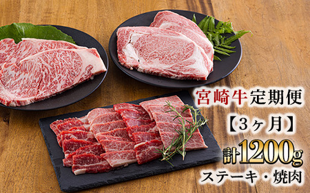 宮崎牛定期便[3ヶ月]ステーキ・焼肉 合計1200g　TF0684-P00020