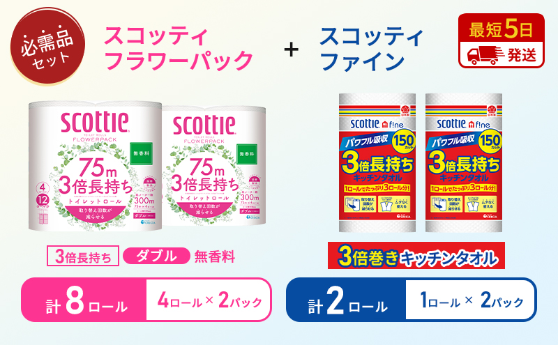 【 岩沼市オリジナル 】キッチンペーパー 2パック入 スコッティ ファイン 1ロール 150カット トイレットペーパー ダブル 4ロール入 × 2パック フラワーパック