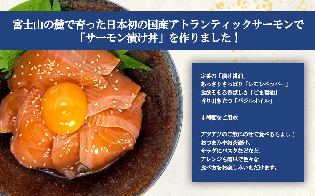 小山町産アトランティックサーモン 冷凍 サーモン漬け丼（約125g×4P）漬け醤油 | サーモン 小分け 真空パック 刺身 海鮮丼 海鮮 魚介 サーモン丼 国産 鮭 養殖 静岡県 小山町