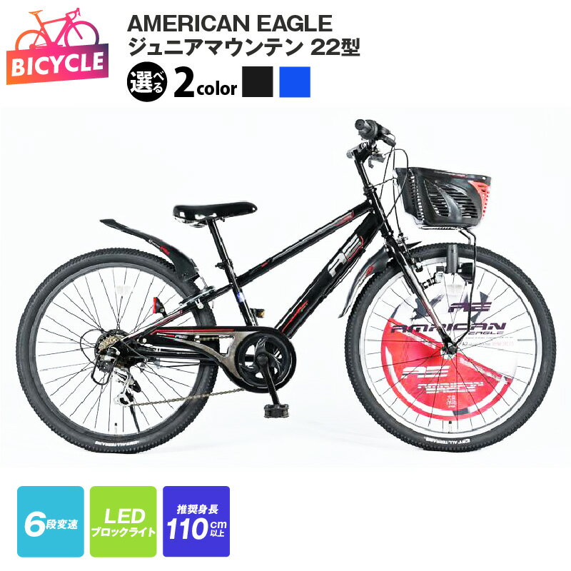 【ふるさと納税】ジュニアマウンテン AMERICAN EAGLE ブラック / ブルー 22型 完成品 完全組み立て キッズ ジュニア 子供用 自転車 サイクル 外装6段変速 LEDブロックライト リング錠 バンドブレーキ ランキング急上昇中 大阪府 泉佐野市 送料無料