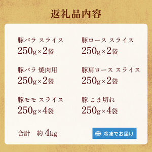 【訳あり】くすの豚 ４kg くすの豚 大分県 玖珠町 国産 豚肉 詰め合わせ セット ４kg 250g 小分け 真空パック 冷凍 訳あり 肉料理 焼肉 しゃぶしゃぶ 鍋料理 バラ 肩ロース ロース モ