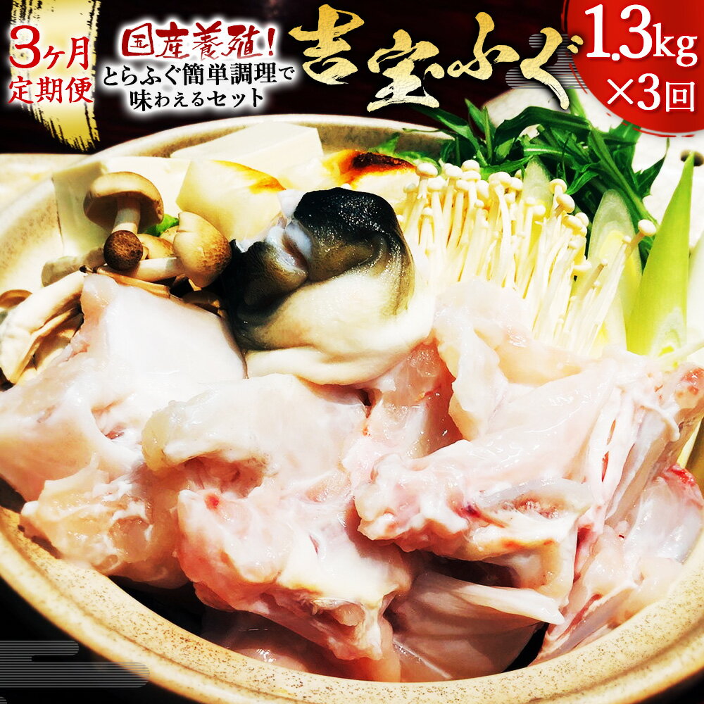 【ふるさと納税】【3ヶ月定期便】国産養殖!とらふぐ簡単調理で味わえるセット 吉宝ふぐ 1.3kg×3回 合計3.9kg フグ トラフグ とらふぐ 約3～4人前 皮湯引き 100g 焼きヒレ 4枚 刺身 ふぐ刺し ふぐ鍋 鍋 唐揚げ 冷凍 送料無料 【2025年10月下旬～2026年4月上旬発送予定】