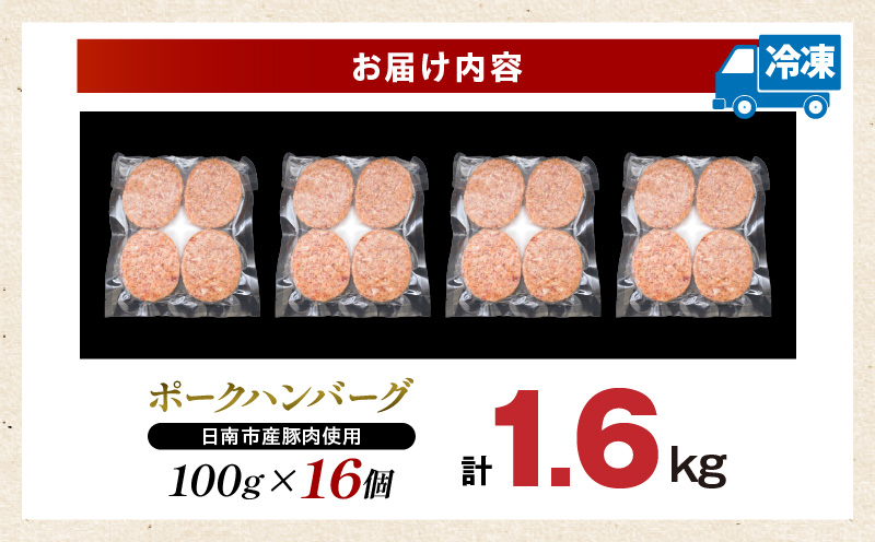 ポークハンバーグ 計1,600g (100g×16個) お肉 日南市産豚肉使用 豚 食品 おかず お弁当 おつまみ 惣菜 簡単調理 国産 BBQ 鉄板焼き ハンバーガー ロコモコ丼 小分け お祝い 記