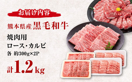 熊本県産 黒毛和牛 ロース・カルビ焼肉用 食べ比べ 約1.2kg(各約300g×2pc)【有限会社 九州食肉産業】[ZDQ156]