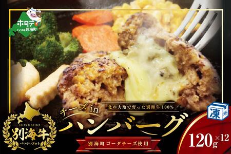 別海牛100%と別海町ゴーダチーズ　チーズがとろける!別海チーズインハンバーグ(120g×12個)【ND0000087】　（ はんばーぐ ハンバーグ チーズインハンバーグ 牛肉 別海牛 ゴーダチーズ 北海道 別海町 人気 ふるさと納税 ）