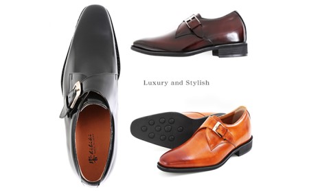 ビジネスシューズ 本革 革靴 紳士靴 プレーンモンク 6cmアップ シークレットシューズ No.1925 ブラウン 25.0cm