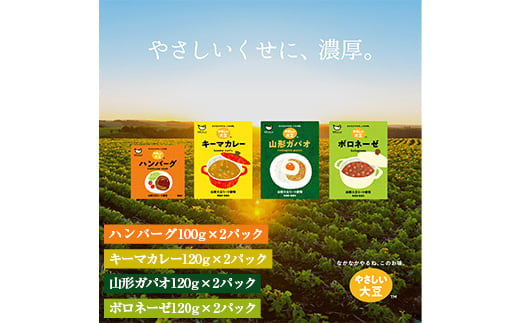 
【金山町×新庄市 共通返礼品】やさしい大豆4種セット 各2パック（ハンバーグ2P、キーマカレー2P、山形ガパオ2P、ボロネーゼ2P） F4B-0439
