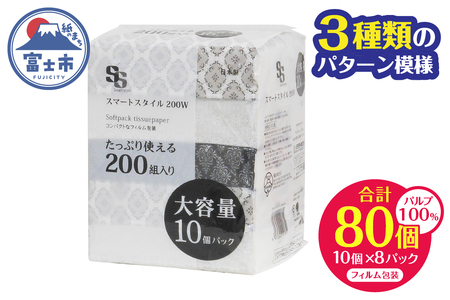 大容量 コンパクト ソフトパック ティッシュ スマートスタイル 200W10P フィルム包装 省スペース 箱なし シック 安心 日本製 100％パルプ 日用品 生活用品 防災 備蓄 富士市 [sf00