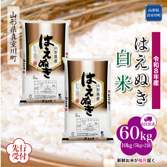 ＜令和8年産米先行受付＞ 山形県産 はえぬき 【白米】60kg定期便(10kg×6回)　配送時期指定できます！