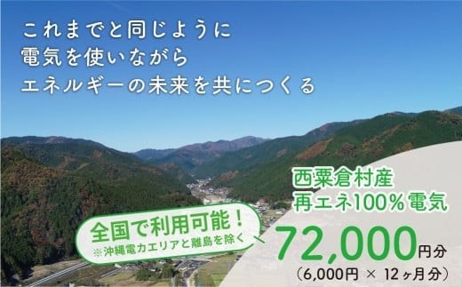 
電気料金 （6,000円✕12ヶ月分） 百森でんき CO2フリー 地域電力 お礼の電気 脱炭素 ゼロカーボン 岡山県 西粟倉村 【まずは寄付のお申し込みを！】e-vv-A05D
