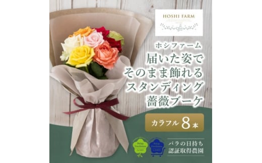 ホシファーム　届いた姿でそのまま飾れるスタンディング薔薇ブーケ　カラフル8本【1465217】