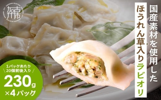 
            国産素材のほうれん草入りラビオリ(230g×4)《 ほうれん草 ラビオリ 生パスタ おかず 副菜 もちもち 一口サイズ 》【2400I15937】
          