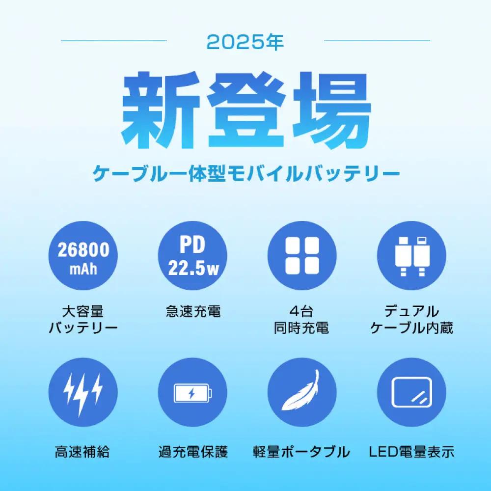 【2025年最新作】 モバイルバッテリー 26800mAh/99.16Wh＜シルバー＞大容量 USB-A出力 Type-C出力/入力 ケーブル不要 4台同時充電 PD 3.0 22.5W急速充電 QC