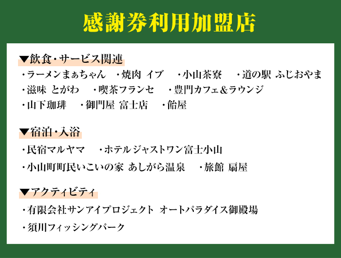 おやま ふるさと納税 感謝券 6,000円分（1,000円券×6枚） 食事券 利用券 商品券 チケット 券 ギフト券 食事 感謝券 共通利用券 静岡県 旅行