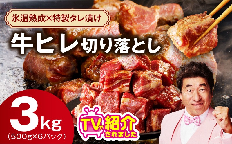 mrz0278 やわらか 牛ヒレ肉 切り落とし 3kg【小分け 500g×6P 氷温熟成×特製ダレ サイズ不揃い ステーキ ひと口サイズ カット済み】