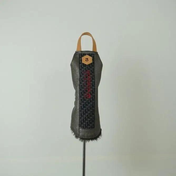 【カラー選択可】博多革工房HOMMONが作ったゴルフウッド用ヘッドカバー【博多織・牛革】 ダークグレー＃X