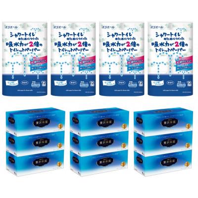 ふるさと納税 島田市 吸水力が2倍のトイレットペーパー12ロール×4セット、贅沢保湿ティシュー3箱×3個セット※※