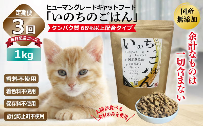 【定期便】国産無添加 キャットフード 1kg×全3回「いのちのごはん」タンパク質 66％以上配合タイプ【猫 ねこ ペットフード チキン 手作り ヒューマングレード 国産 毎月配送 大阪 泉佐野 大阪府 泉佐野市】