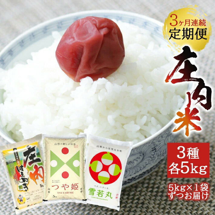 【ふるさと納税】≪3ヶ月定期便≫ 庄内米3銘柄食べ比べ 5kg×3ヶ月連続 はえぬき 雪若丸 つや姫 計15kg 山形県庄内産 ご希望期間の毎月下旬頃お届け 東北 酒田市 お米 精米 白米 ブランド米 セット 味比べ 小分け
